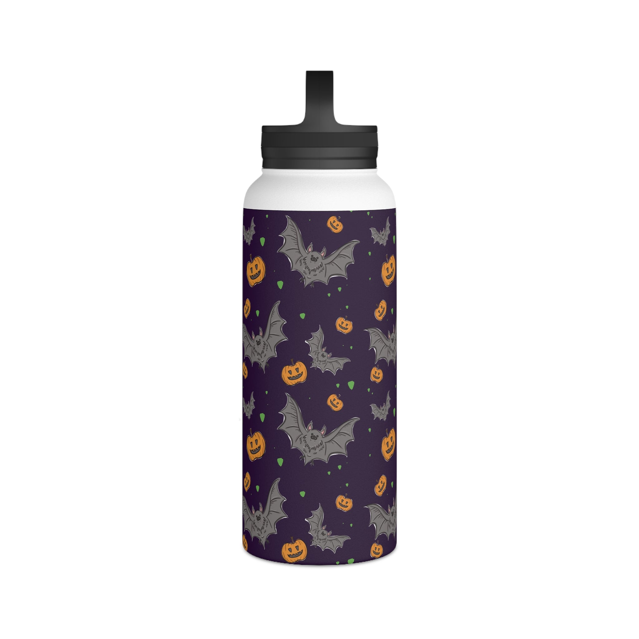 Water Bottle - Halloween Themed Pumpkin and Bat Design