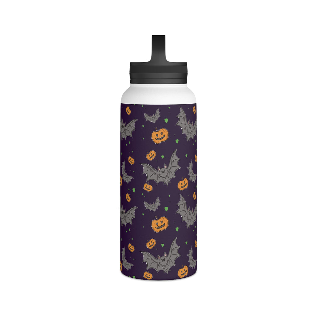 Water Bottle - Halloween Themed Pumpkin and Bat Design