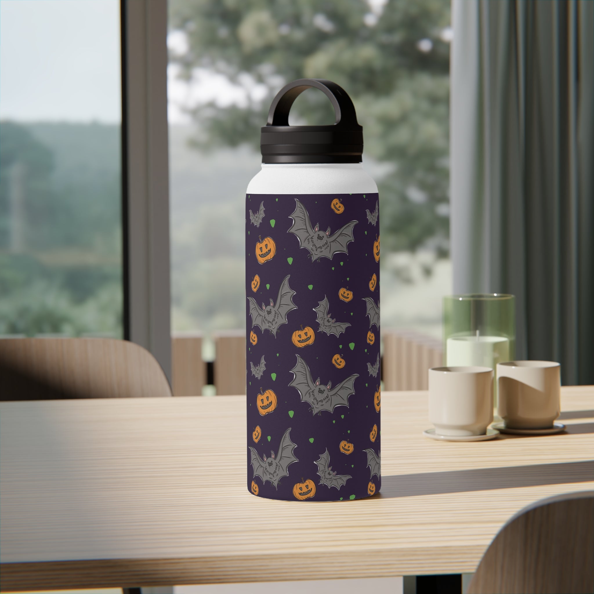 Water Bottle - Halloween Themed Pumpkin and Bat Design